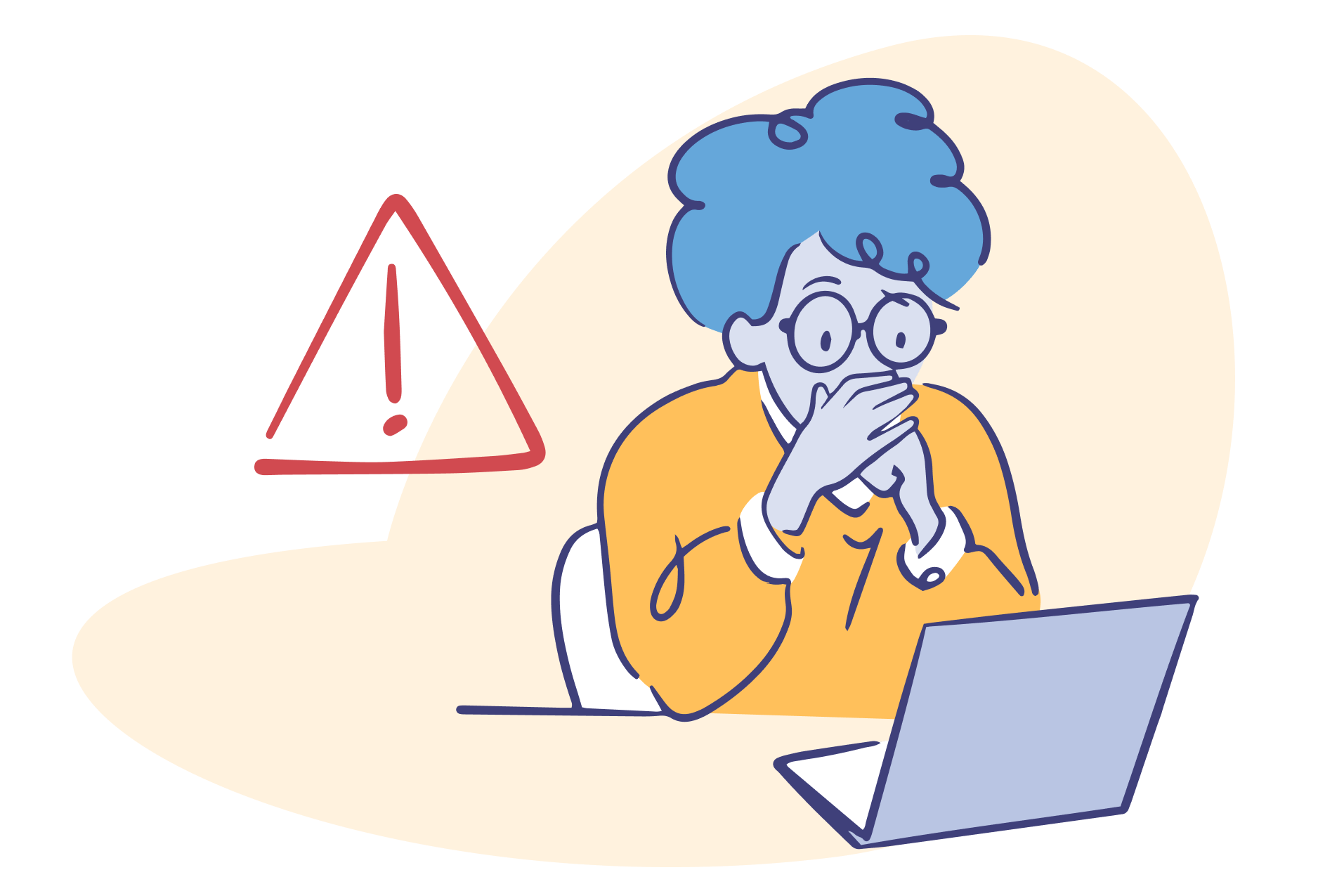 Illustration d’une personne inquiète devant un ordinateur avec un symbole d’alerte, représentant un problème, une erreur ou une situation de stress numérique